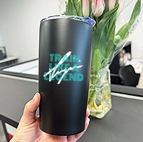 photo of a 2 color uv-dtf logo applied to a 20oz tumbler