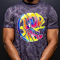 DTF example of a rainbow design on a tie dye shir that says good vibes